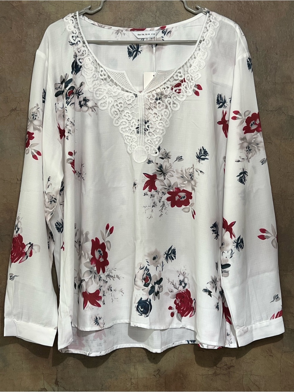 Women's White Floral Lace-Trim Long Sleeve Blouse with Red Floral Print